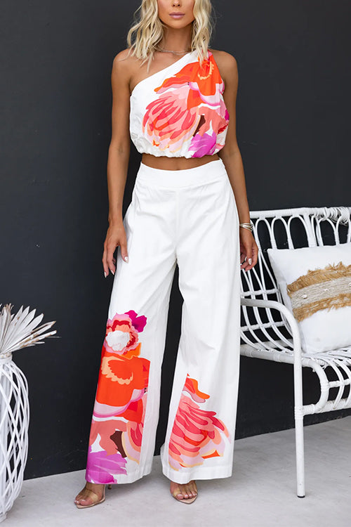 One Shoulder Sleeveless Crop Top Wide Leg Pants Printed Set - Fashionpara