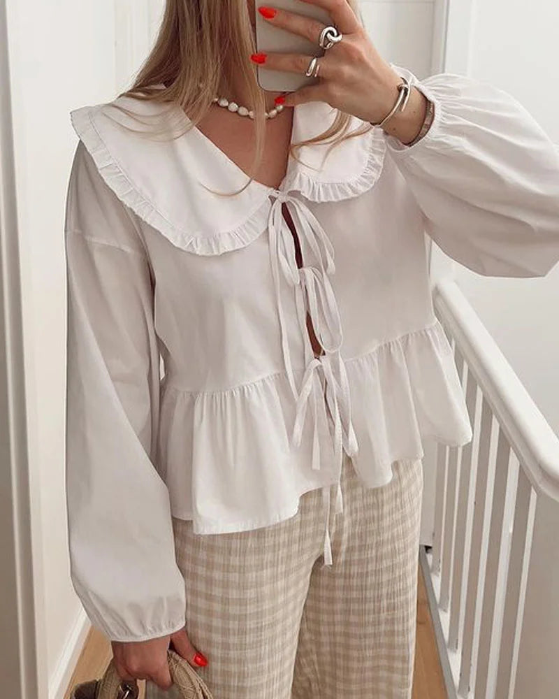 Solid Color Lace-Up Long Sleeve Cardigan Shirt - Fashionpara