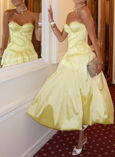 Elegant Sweetheart Neck Yellow Satin A Line Party Dress Long Evening Gown D1146