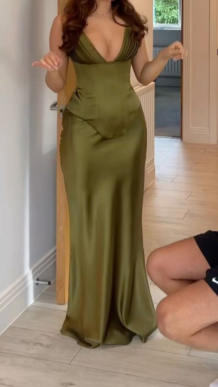 Classy Olive Green V Neck Satin Mermaid Party Dress Long Evening Gown D1354