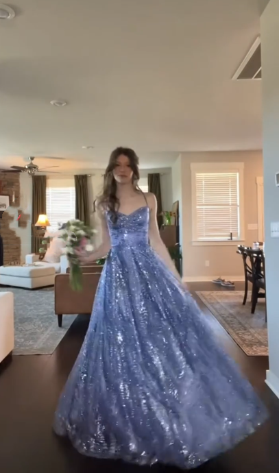 Shiny Spaghetti Straps Blue Tulle Sequin A Line Long Evening Dress Formal Birthday Party Gown D820