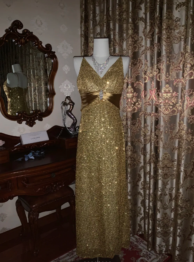 Glitter V Neck Sequin Beaded Gold Mermaid Party Dress Long Evening Dress D1725