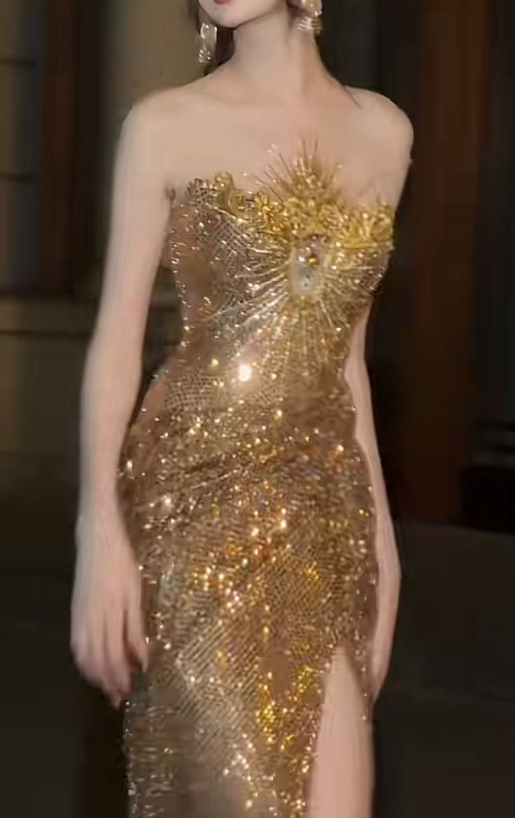 Luxurious Gold Strapless Sequin Beaded Mermaid Slit Evening Dress Long Party Gown D826