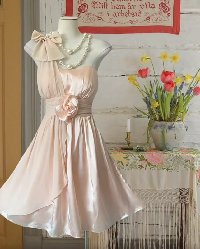 Elegant One Shoulder Pink Satin Chiffon A Line Homecoming Dress Formal 21st Birthday Outfits D654