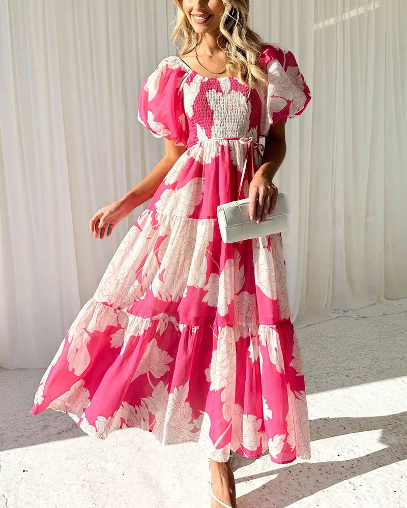 Elegant printed one-shoulder puff-sleeve dress - Fashionpara