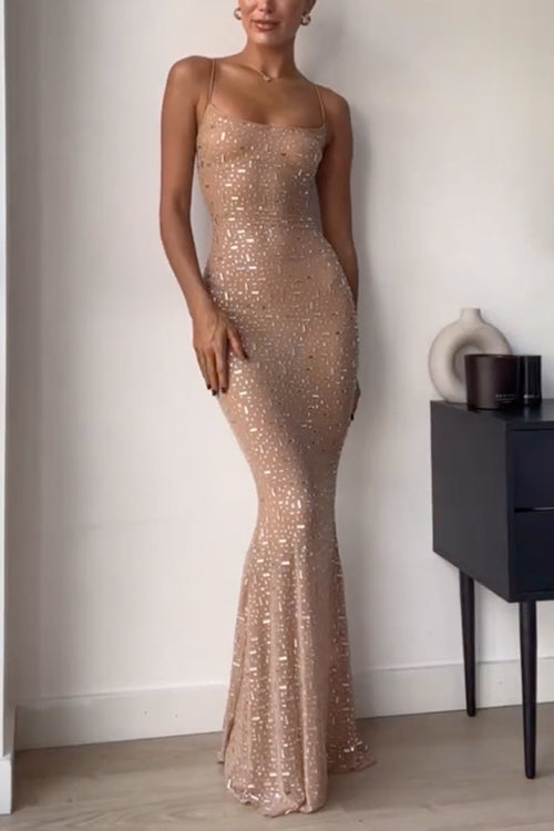 Sheer Embellished Scoop Neck Cami Maxi Evening Gown - Fashionpara