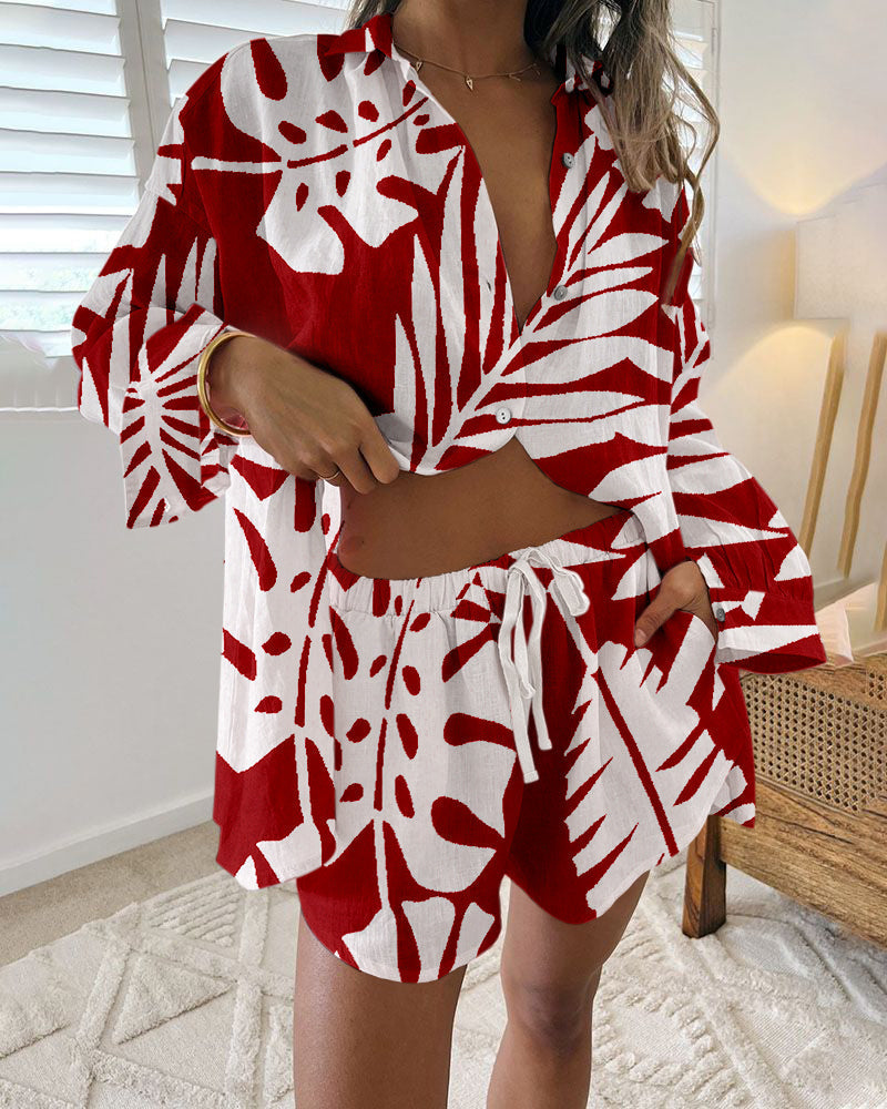 Contrast color leaf print casual two-piece set - Fashionpara