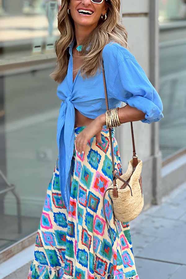 Linen Blend Front Tie Blouse - Fashionpara