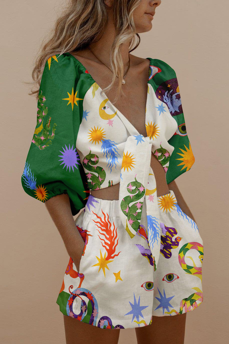 Abstract-print tie-front ruffle two-piece set - Fashionpara