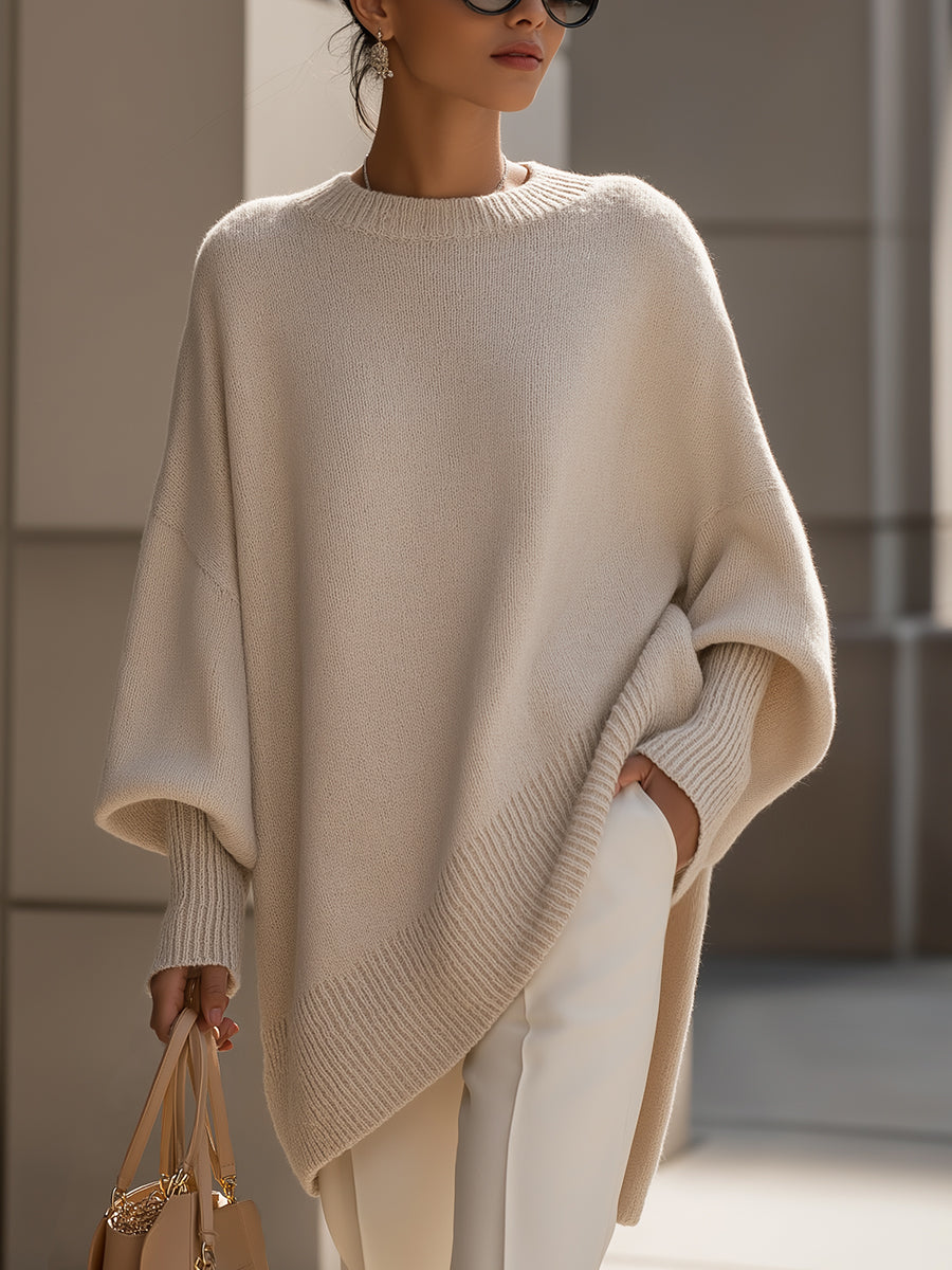 Mock Neck Batwing Sleeve Asymmetric Hem Oversized Sweater