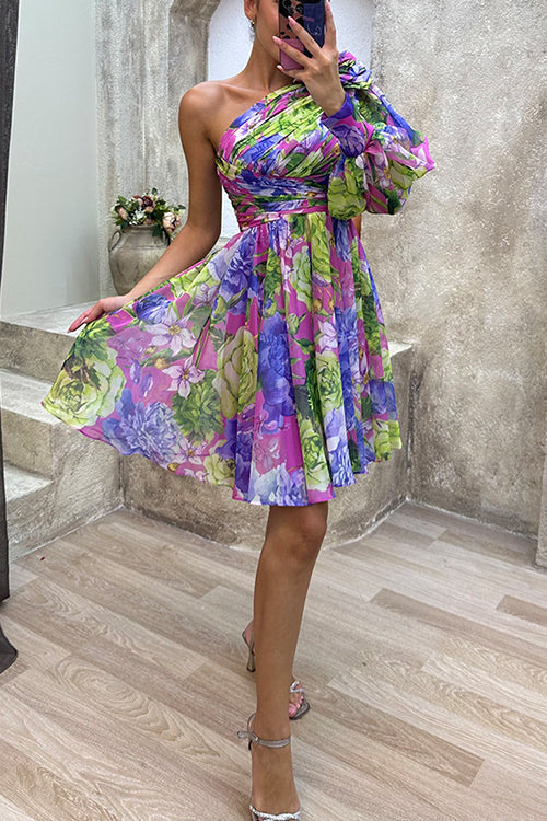 Ruched One Shoulder Waisted Floral Print Flowy Dress - Fashionpara