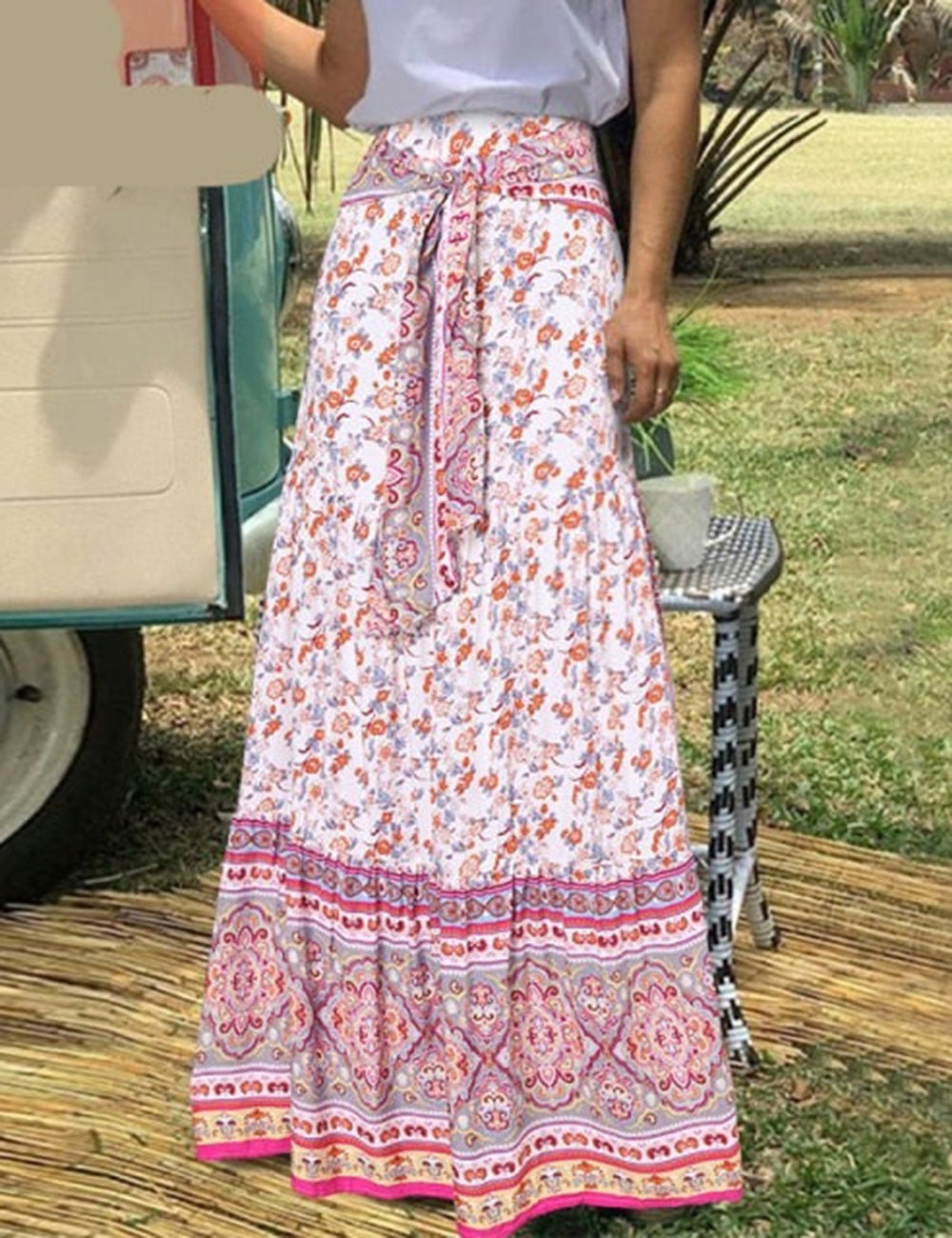 Flowers Boho Chic Print Maxi Skirt - Fashionpara