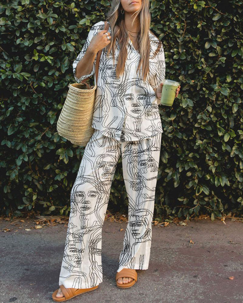 Blurred face print casual two piece set - Fashionpara