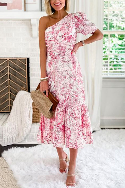 One Shoulder Printed Ruffle Midi Party Dress - Fashionpara