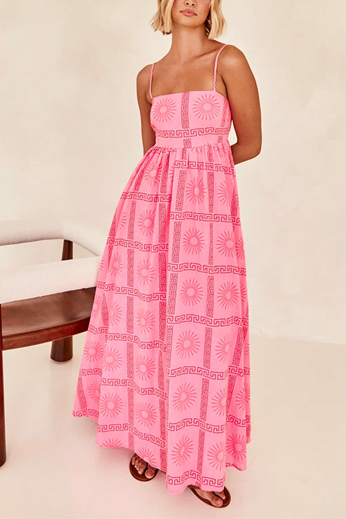 Spaghetti Strap Cut Out Waist Printed Maxi Swing Dress - Fashionpara
