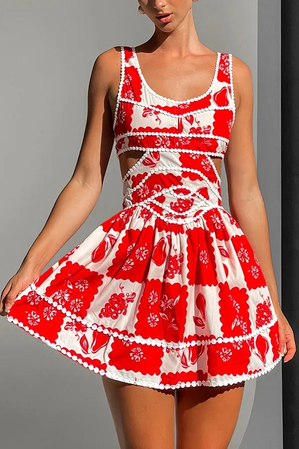Holiday Colors Ric Rac Trims Unique Print Cutout Round Neck Mini Dress - Fashionpara