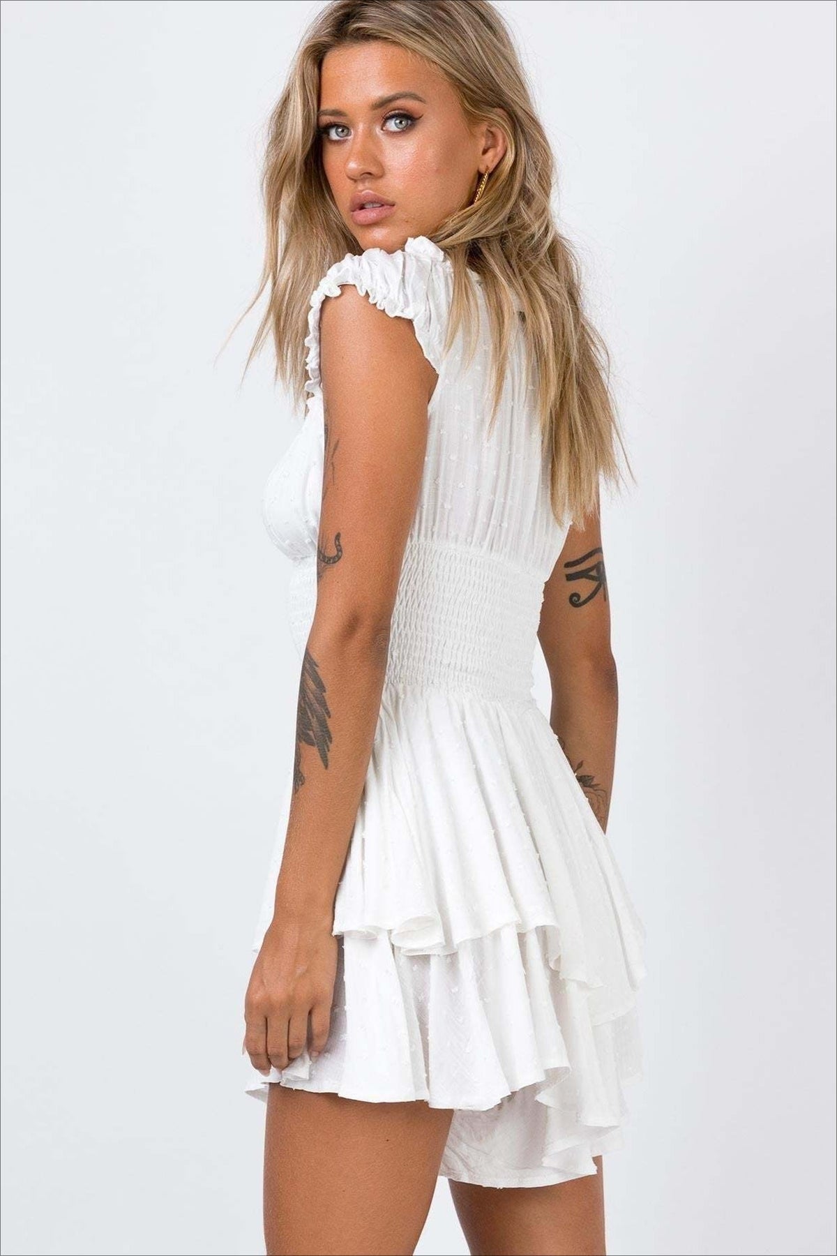 Swiss Dot Off Shoulder Smocked Ruffle Mini Dress