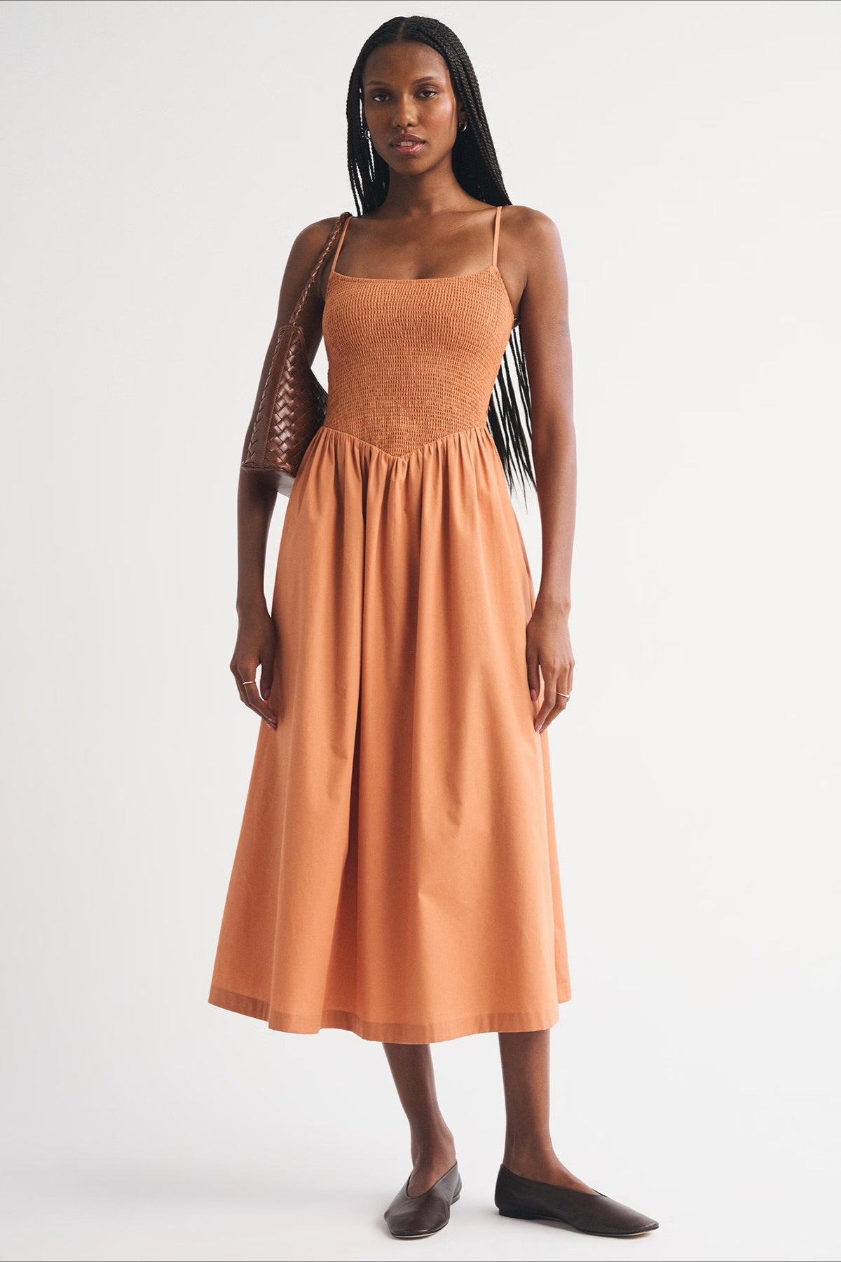 Striped Shirred Bodice A-Line Midi Dress