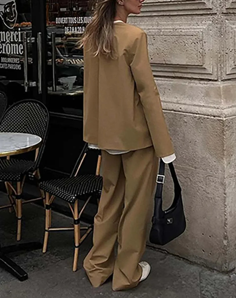 Khaki Simple Shirt Trousers Office Two Piece Set