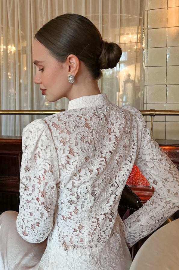 Lace Hollow Out Puff Sleeve Knit Blouse - Fashionpara