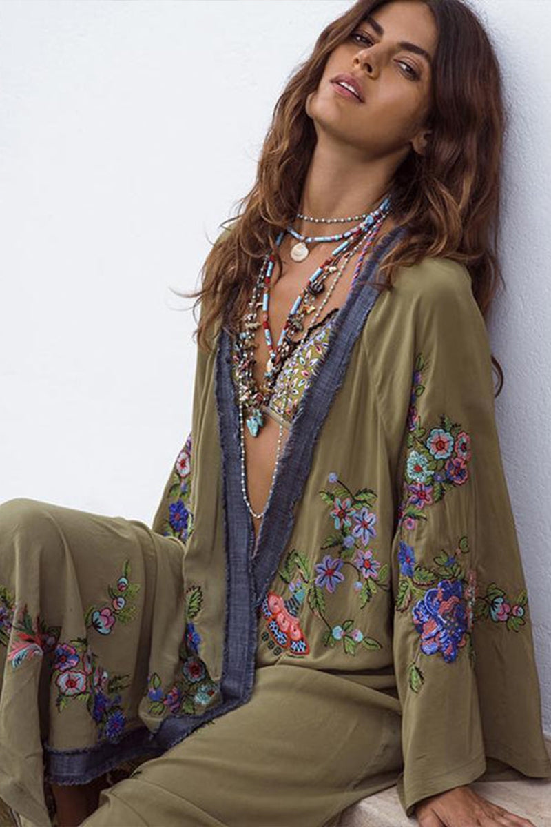 Embroidered Denim-trimmed Beach Loose Swimwear Bikini Cover Up - Fashionpara