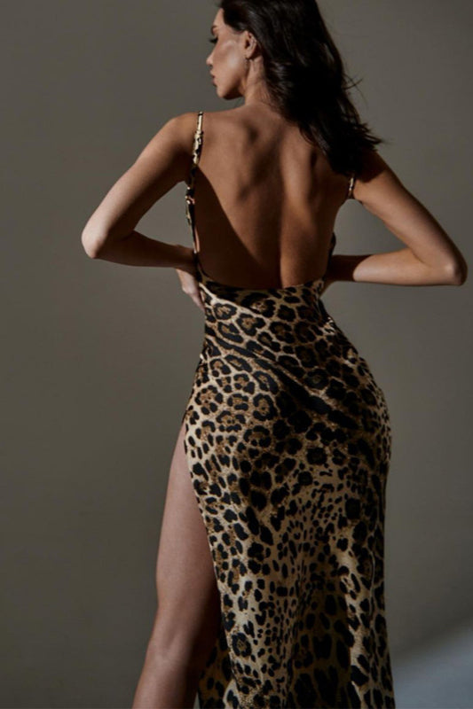 Elegant Printed Slit Backless Maxi Dress