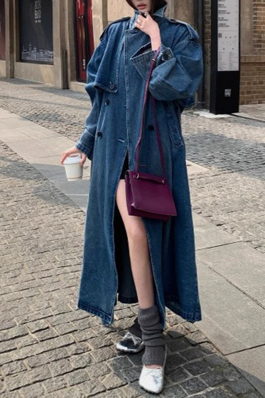 Washed Denim Relaxed Retro Long Overcoat - Fashionpara