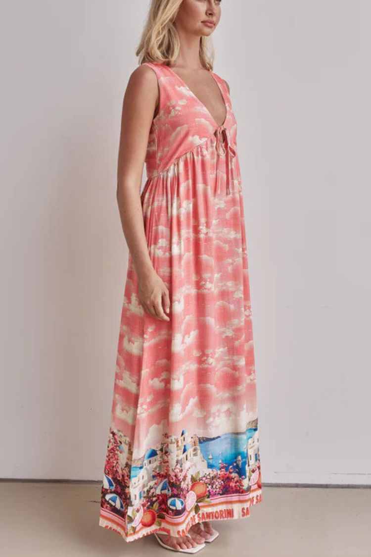Resort Style Unique Printed Sleeveless V-neck Casual Maxi Dress - Fashionpara
