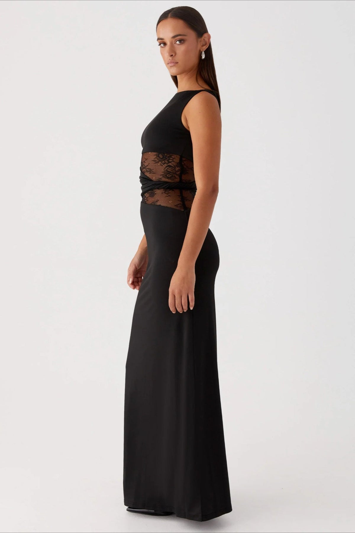 Boat Neck Sleeveless Lace Cutout Bodycon Maxi Dress