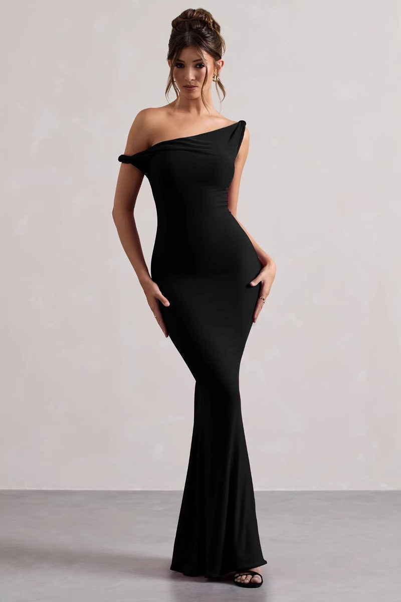 One-Shoulder Draped Jersey Fishtail Maxi Gown