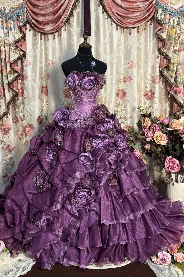 Vintage Purple Ball Gown Strapless Floral Beaded Layered Organza Prom Dress 18th Birthday Dress - Fashionpara