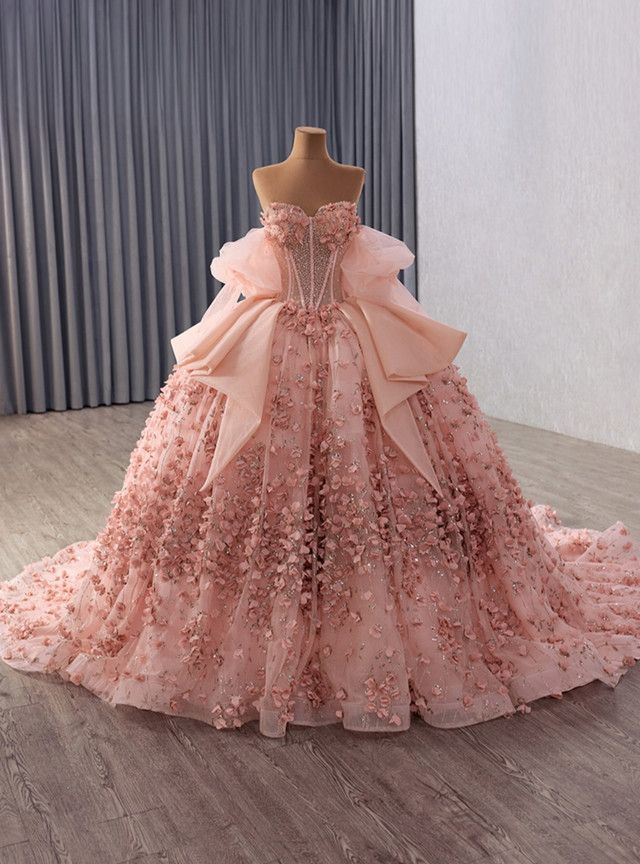 Pink Tulle Sequins Appliques Sweetheart Prom Dress - Fashionpara