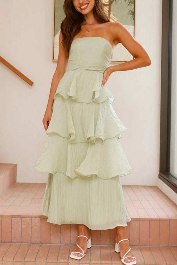 Pure Color Sexy Tube Top Backless Multi-layered Maxi Dress - Fashionpara