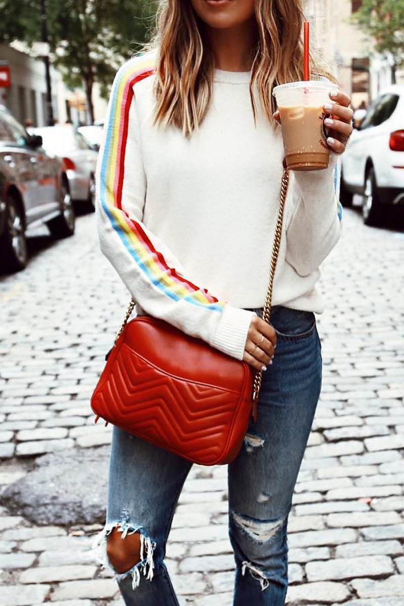 Rainbow Double Print White Sweater  Fashionpara