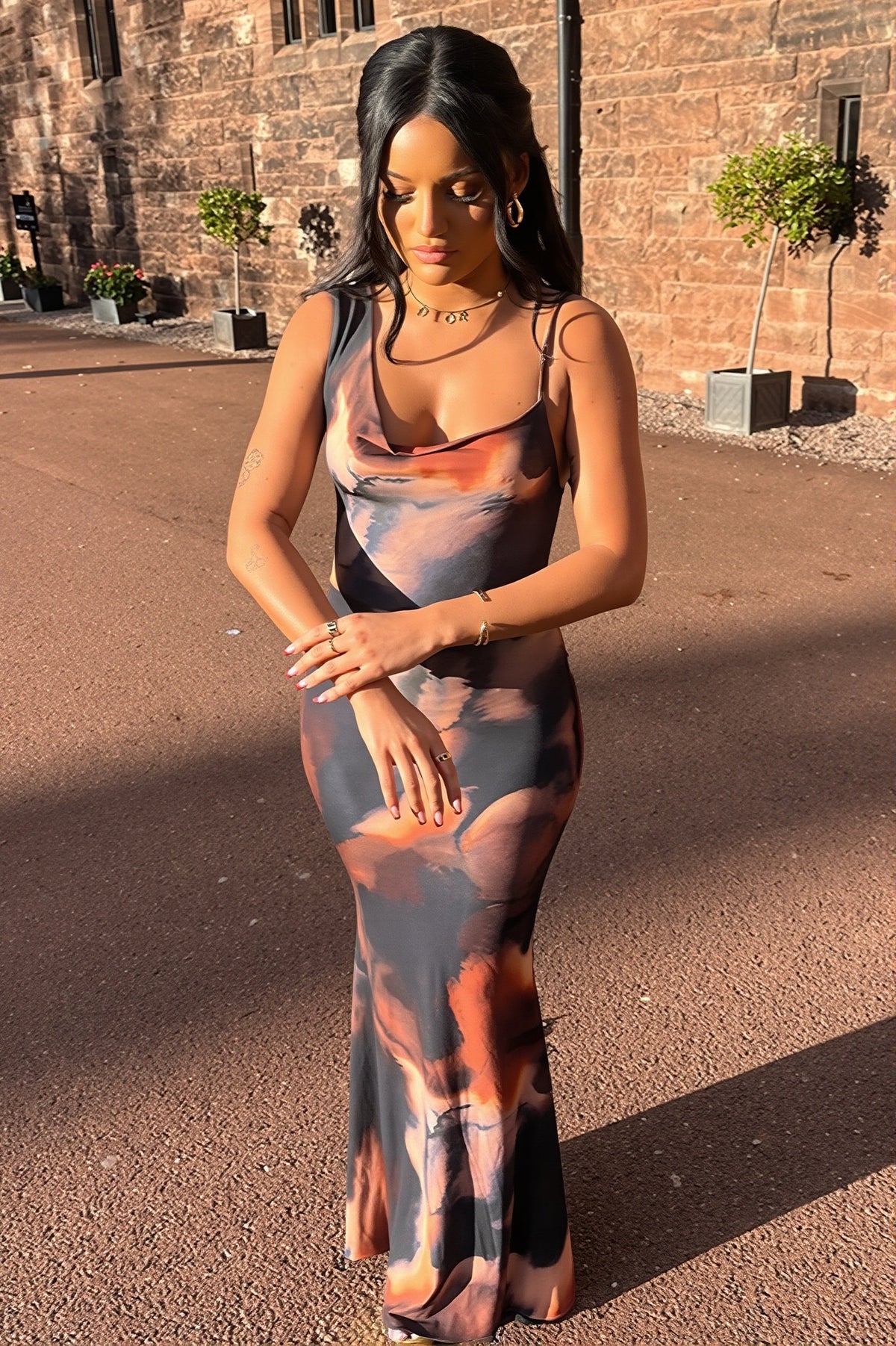 Abstract Print Square Neck Bodycon Maxi Dress
