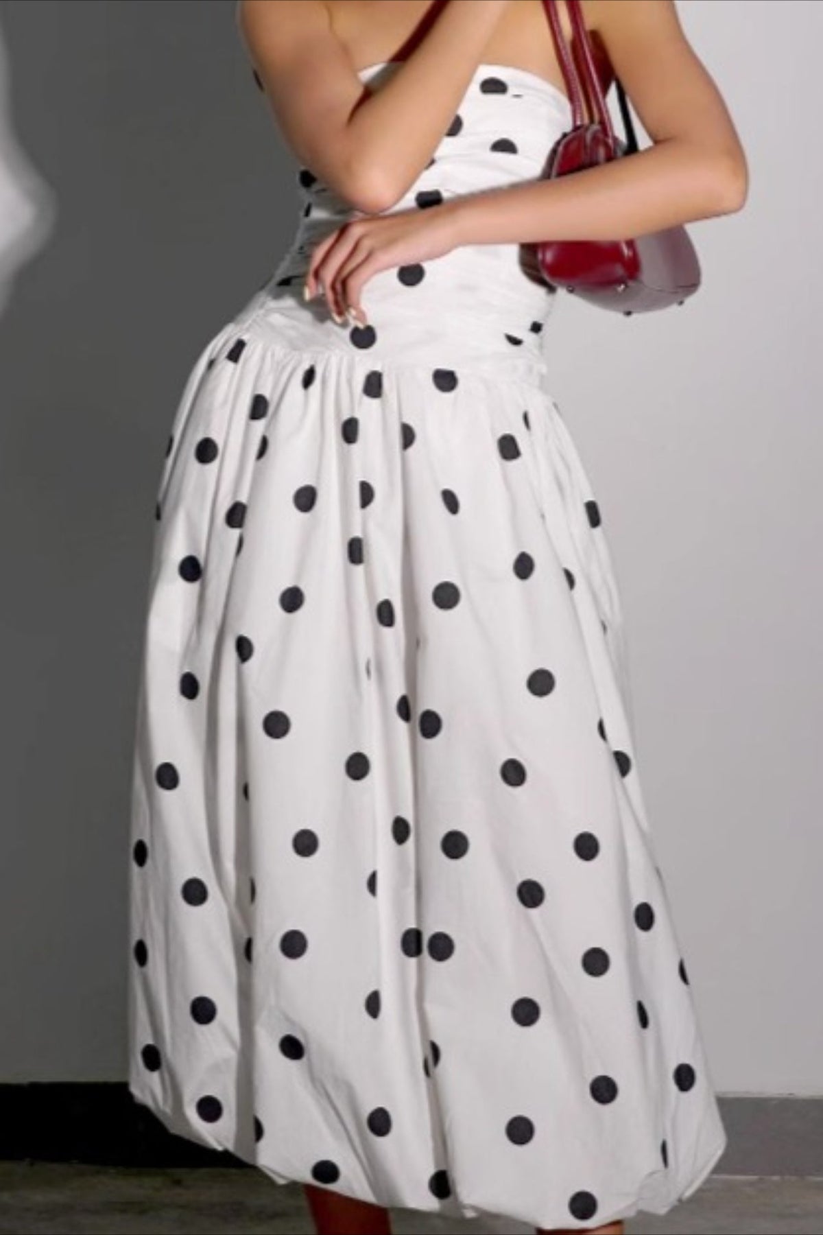 Polka Dot Strapless Ruched Midi Dress