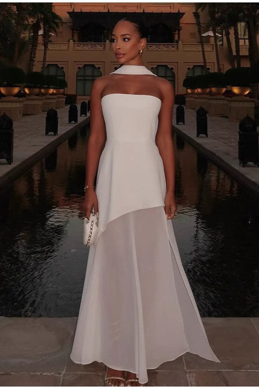 Sexy Strapless Asymmetrical Mesh Split Scarf Formal Dress