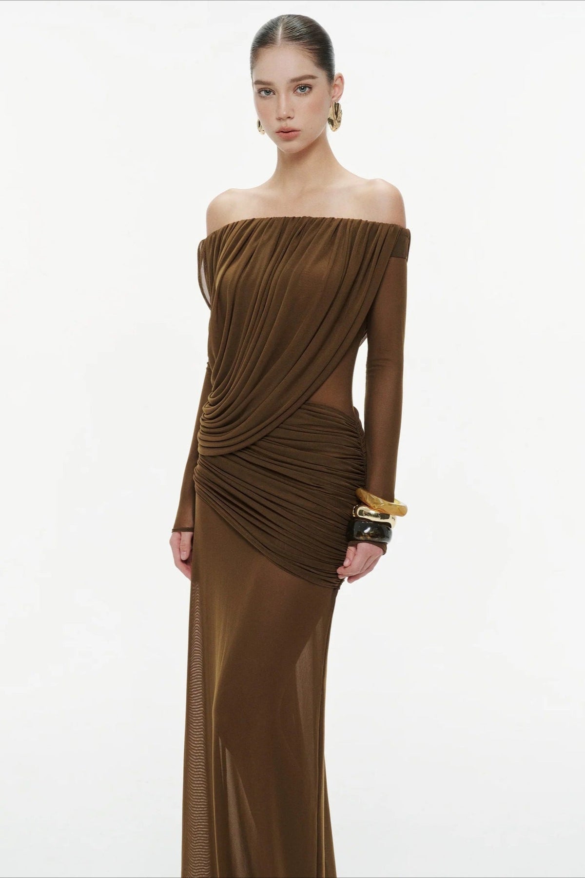 Mesh Off-Shoulder Long Sleeve Draped Column Maxi Gown