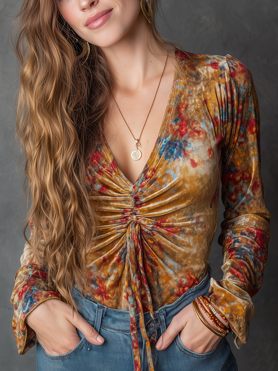 Vintage Floral Printed V-neck Long Sleeve Blouse - Fashionpara