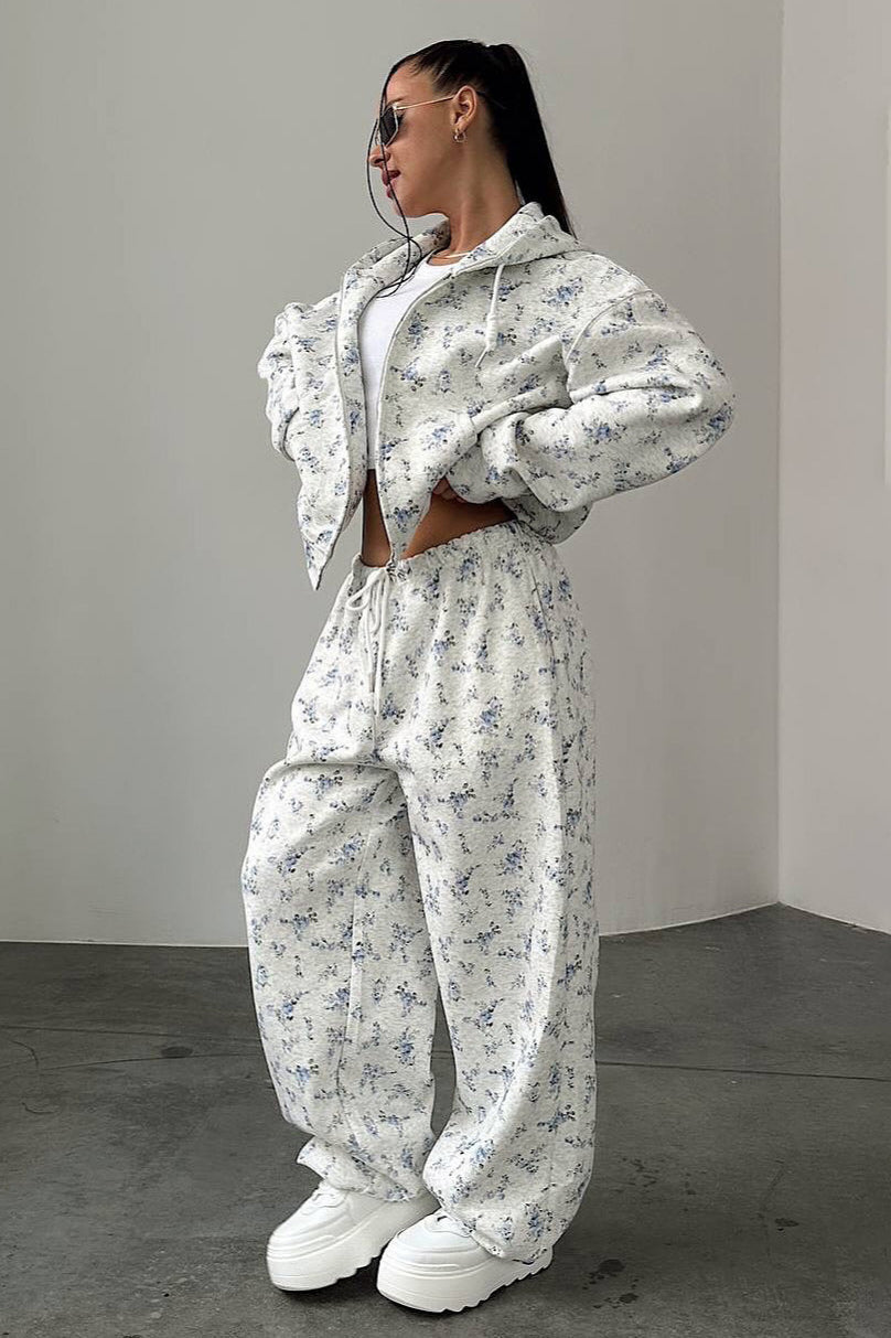 Floral Cropped Zip Hoodie Drawstring Wide-leg Pants Two Piece Set