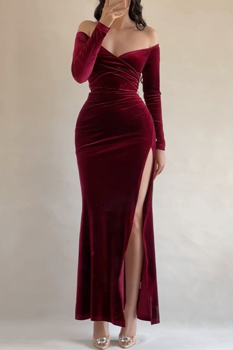 Velvet Off Shoulder High Split Formal Dress