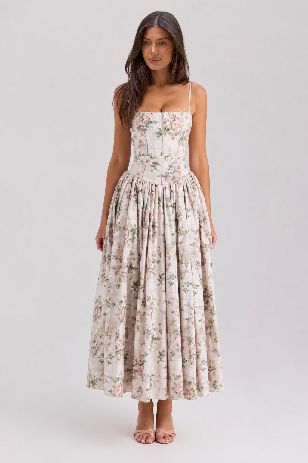 Floral Print Corset Drop Waist Full Skirt Maxi Dress