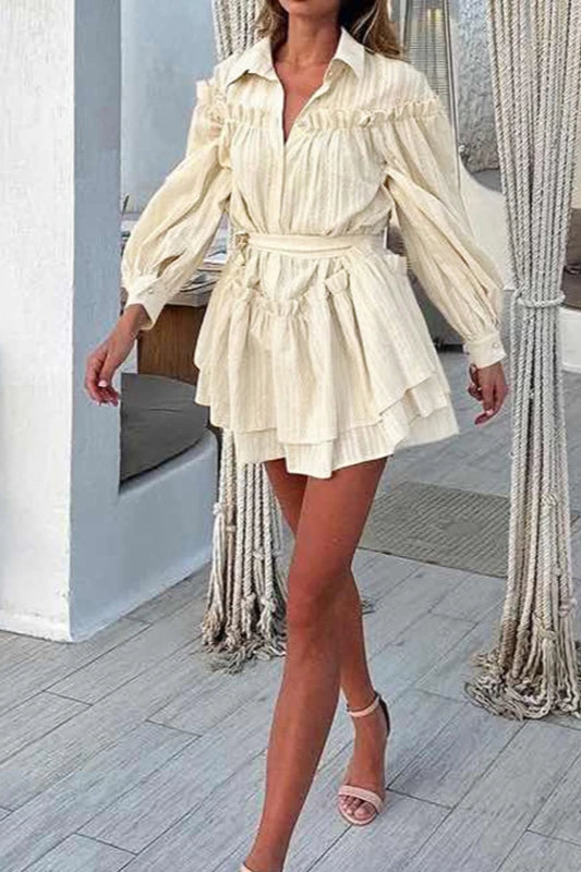Striped Ruffle Long Sleeve Belted Shirt Dress 6