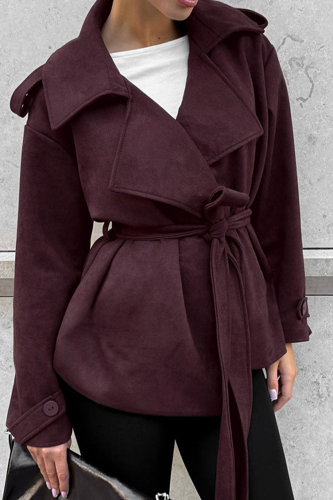 Suede Solid Tie Waist Thickened Warm Coat 5