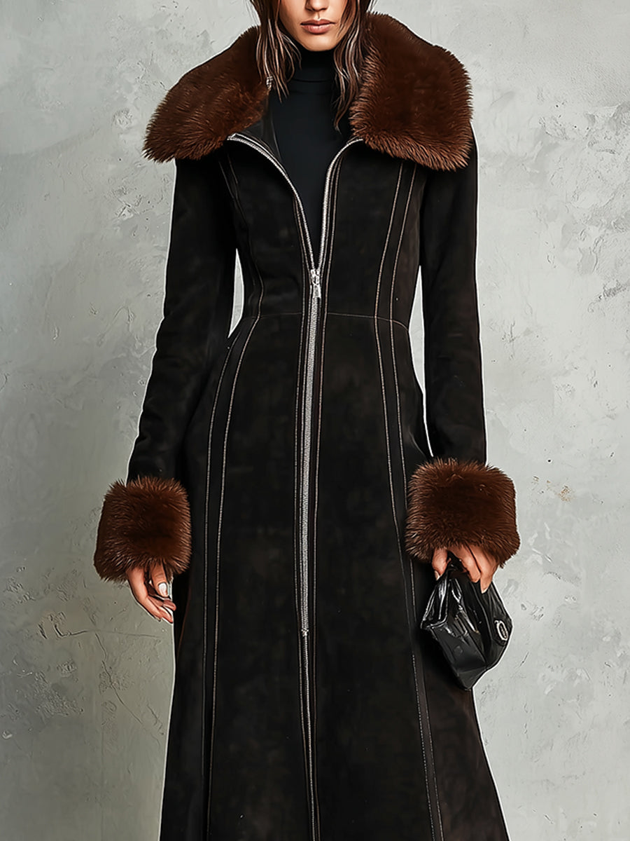 Retro Faux Fur Collar Front Zip Mid-length Suede Coat