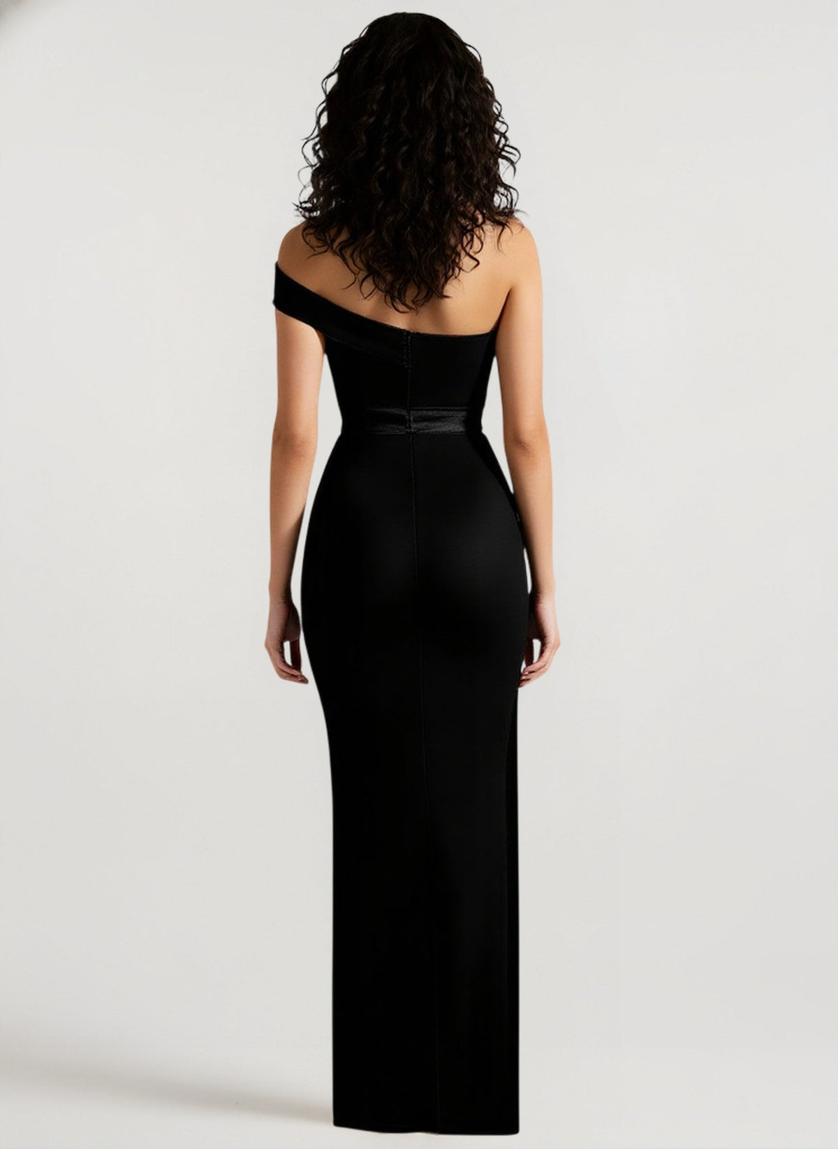 Strapless Asymmetric Bustier Beaded-Waist Column Gown