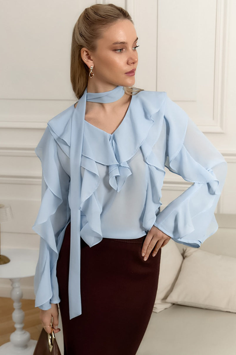 V Neck Ruffle Sleeve Blouse