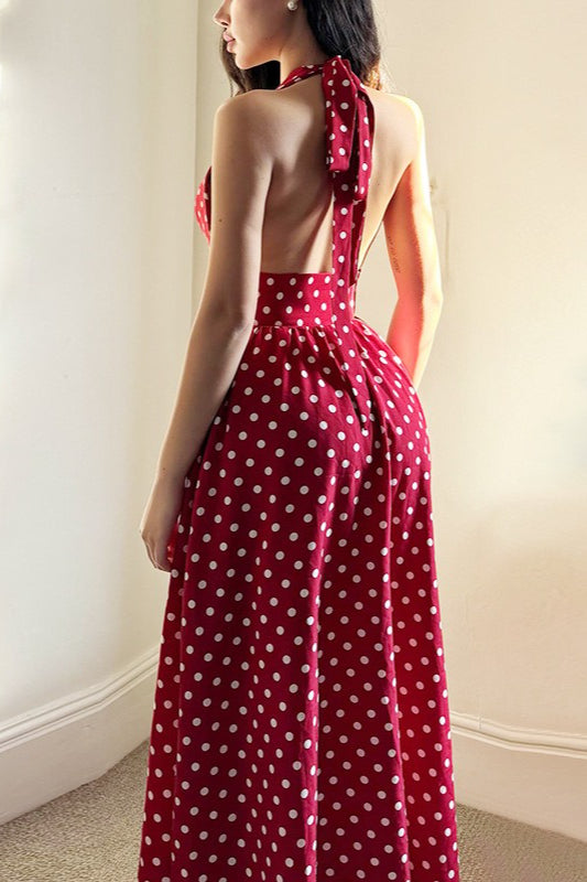 Red Polka Dot V-Neck Halter Backless Maxi Dress - Fashionpara