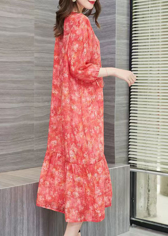 Floral Print Round Neck Tie Cuff Three Quarter Sleeve Midi Dress - View 5