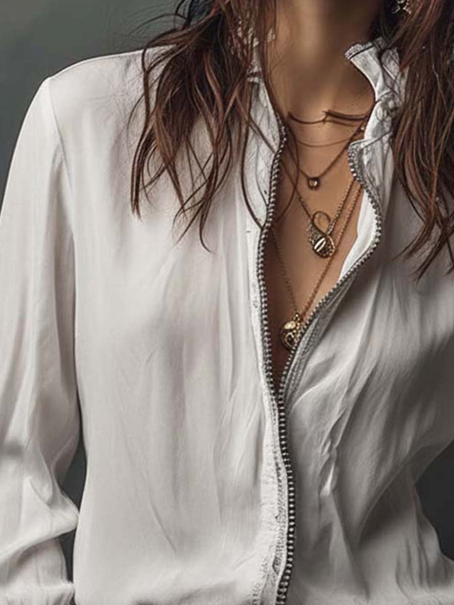 White Zip-Front Blouse With Flounce Cuffs - Fashionpara